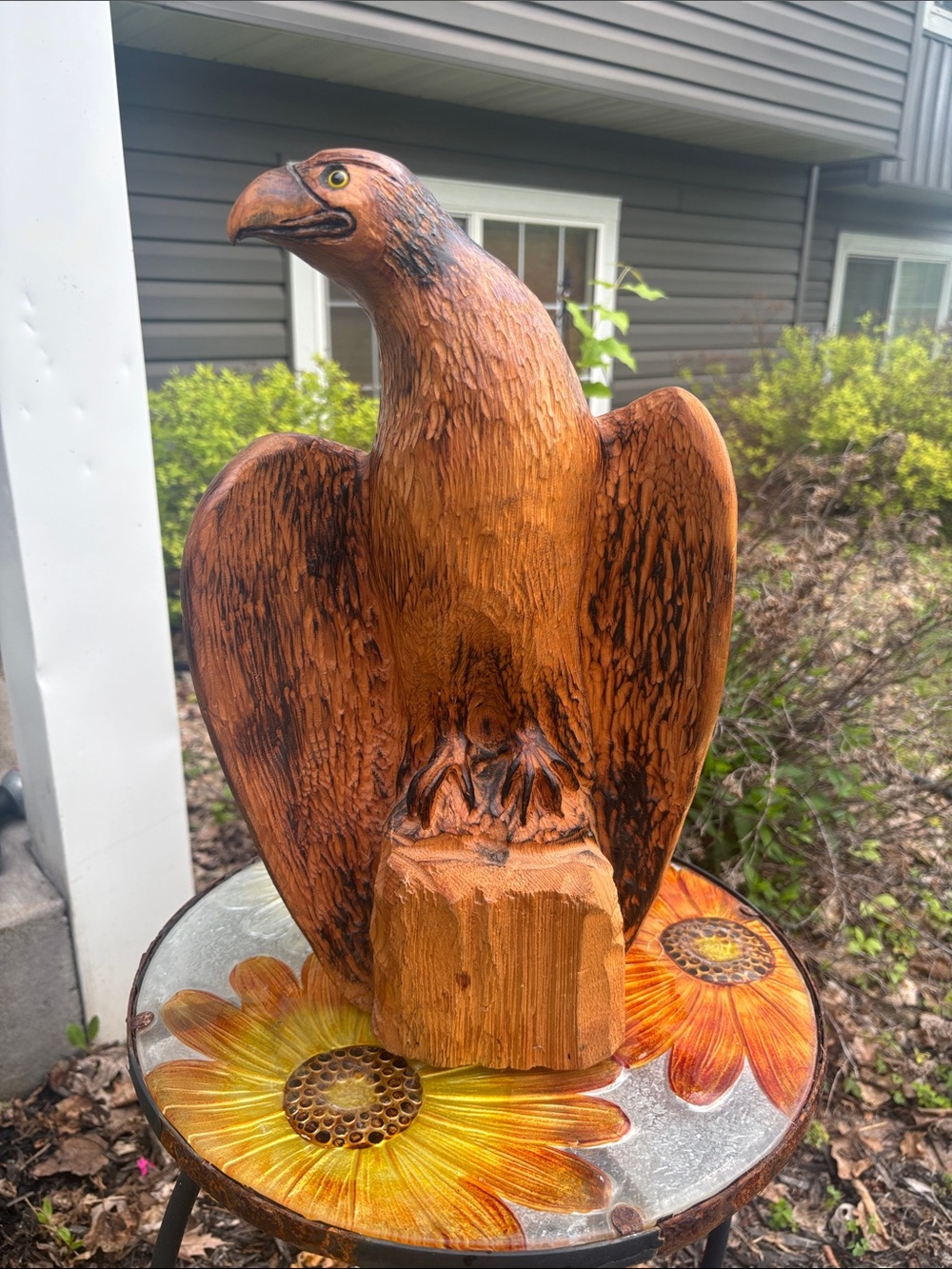 Unique Hand-Carved Wooden Eagle Sculpture in Rich Brown with wood burning